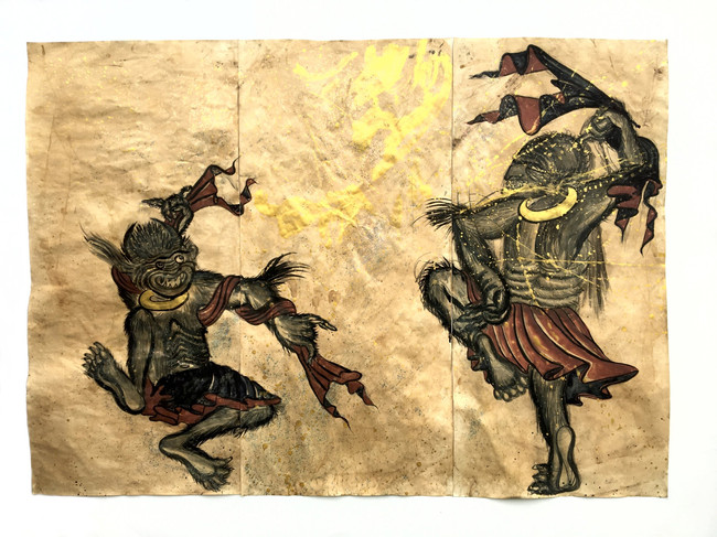Big Little Devils
Ash, tea, sunlight, clouds, wind, hayfever, rain, flies*, incense, Chinese and Japanese ink, glitter, watercolours, glow-in-the-dark paint on paper
150 x 210 cm triptych (each panel 150 x 70 cm)
2021