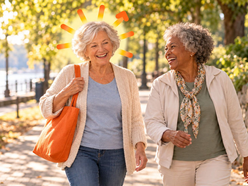 Meredith, back on her feet, walking with a friend