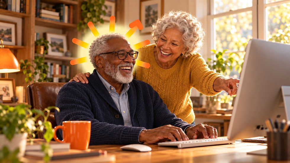 navigage members, a couple in their seventies, laughing together at their home computer