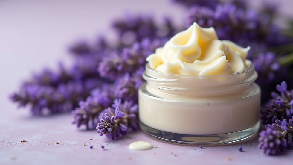Close-up view of a jar of natural body butter with lavender flowers
