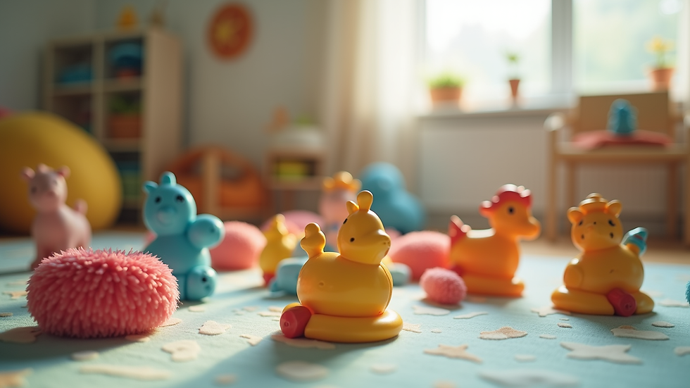 Close-up view of colorful toys in a nursery room