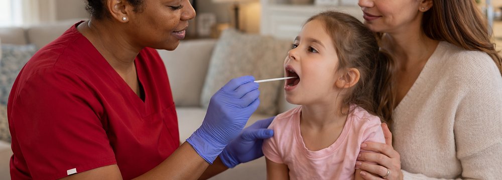 In‑home Group A Streptococcus throat swab performed by a mobile healthcare worker during a pediatric visit.