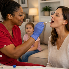 Mobile strep throat culture testing for adults, showing a clinician swabbing a patient’s throat during a home visit.
