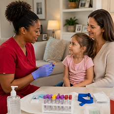 Healthcare professional preparing a child for a blood test while the parent provides support during an in‑home visit.