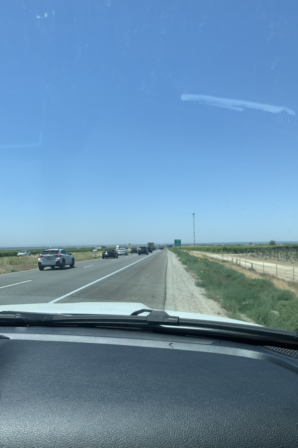 Pulled over on the side of the freeway, waiting to continue a journey to a prison visit for a nonprofit organization under a clear blue sky.