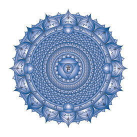 Detailed blue Vishuddha chakra mandala with intricate circular patterns.