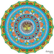 Autumn tree mandala with leaves and pumpkins