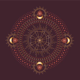 Symmetrical golden esoteric mandala featuring sun, moon, and triangle symbols.
