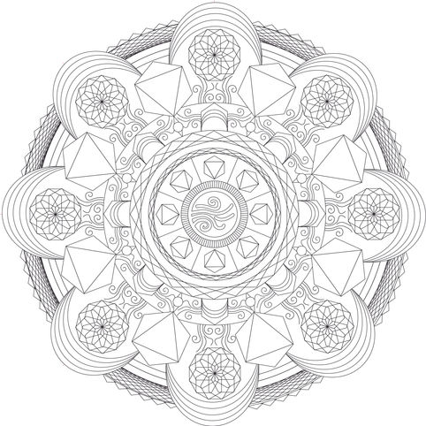 Intricate black and white mandala with geometric patterns, pyramids, and a central spiral.