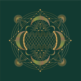 Intricate gold geometric mandala design with crescent moons on green background.