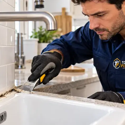 Tools Fixer technician applying a fresh bead of caulk around a bathroom sink