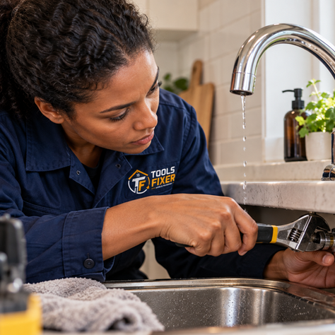 Tools Fixer technician tightening a kitchen faucet connection with an adjustable wrench