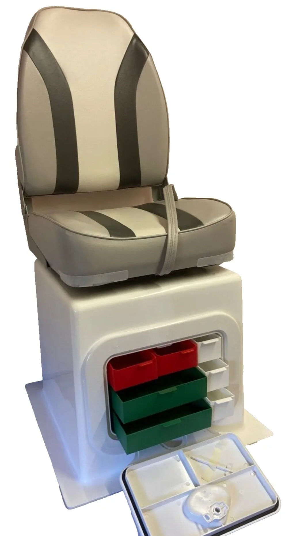 Grey/Charcoal/White Folding Seat, GRP Boat Seat Box, Tackle Box and 360° swivel
