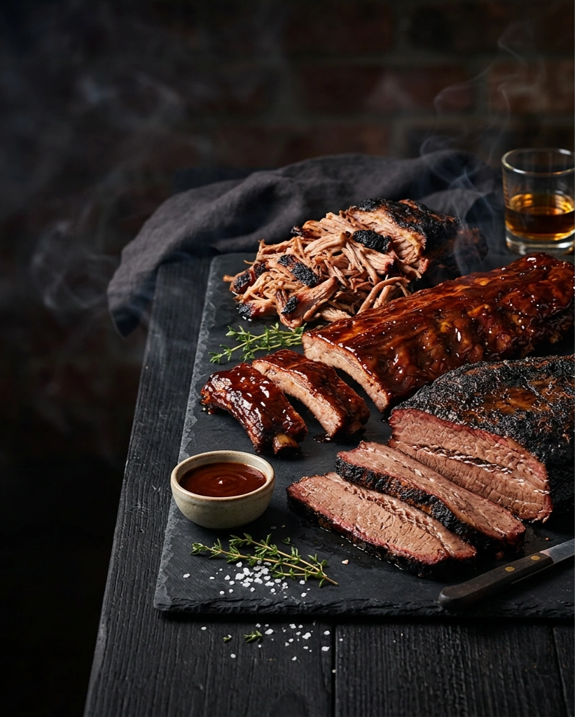 Create a high-quality hero image for a smoked BBQ business website. Show appetizing smoked