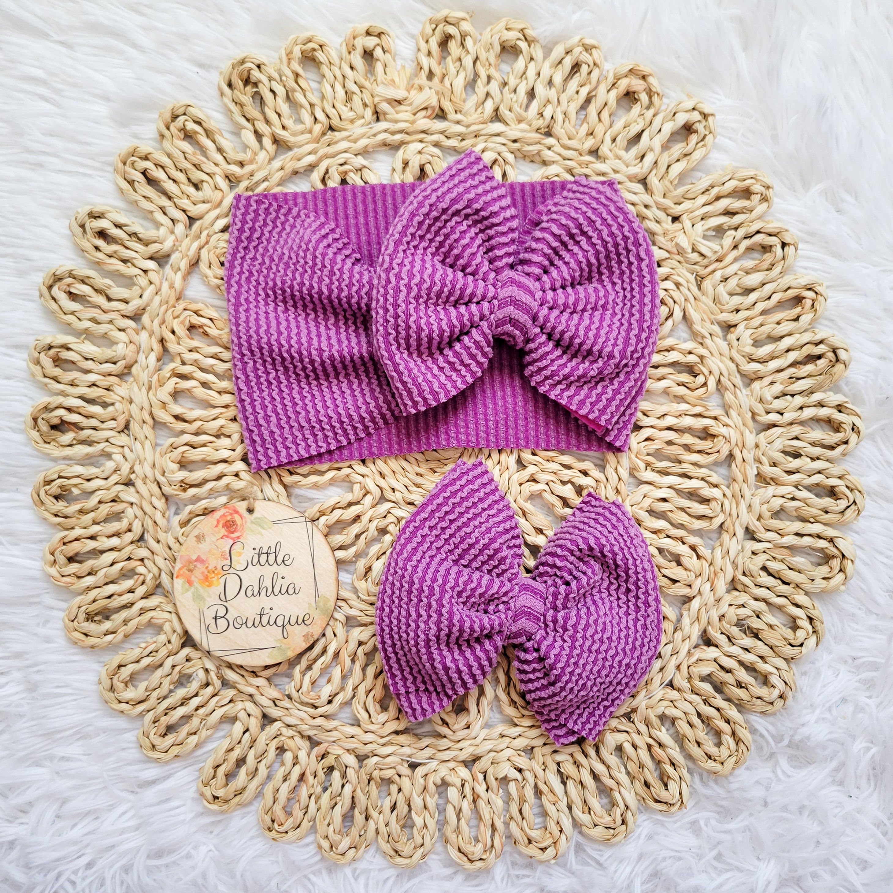 Plum Wavy Rib Knit Bows