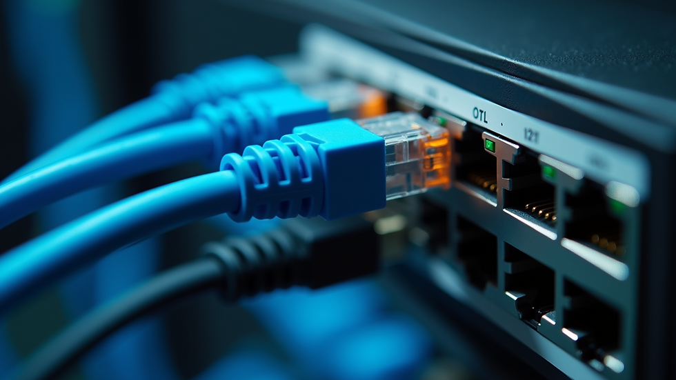 Close-up view of a network switch with connected ethernet cables