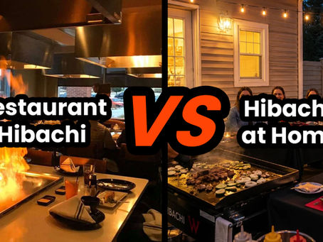 Split image comparing flaming restaurant hibachi and backyard home hibachi under warm string lights with diners seated nearby