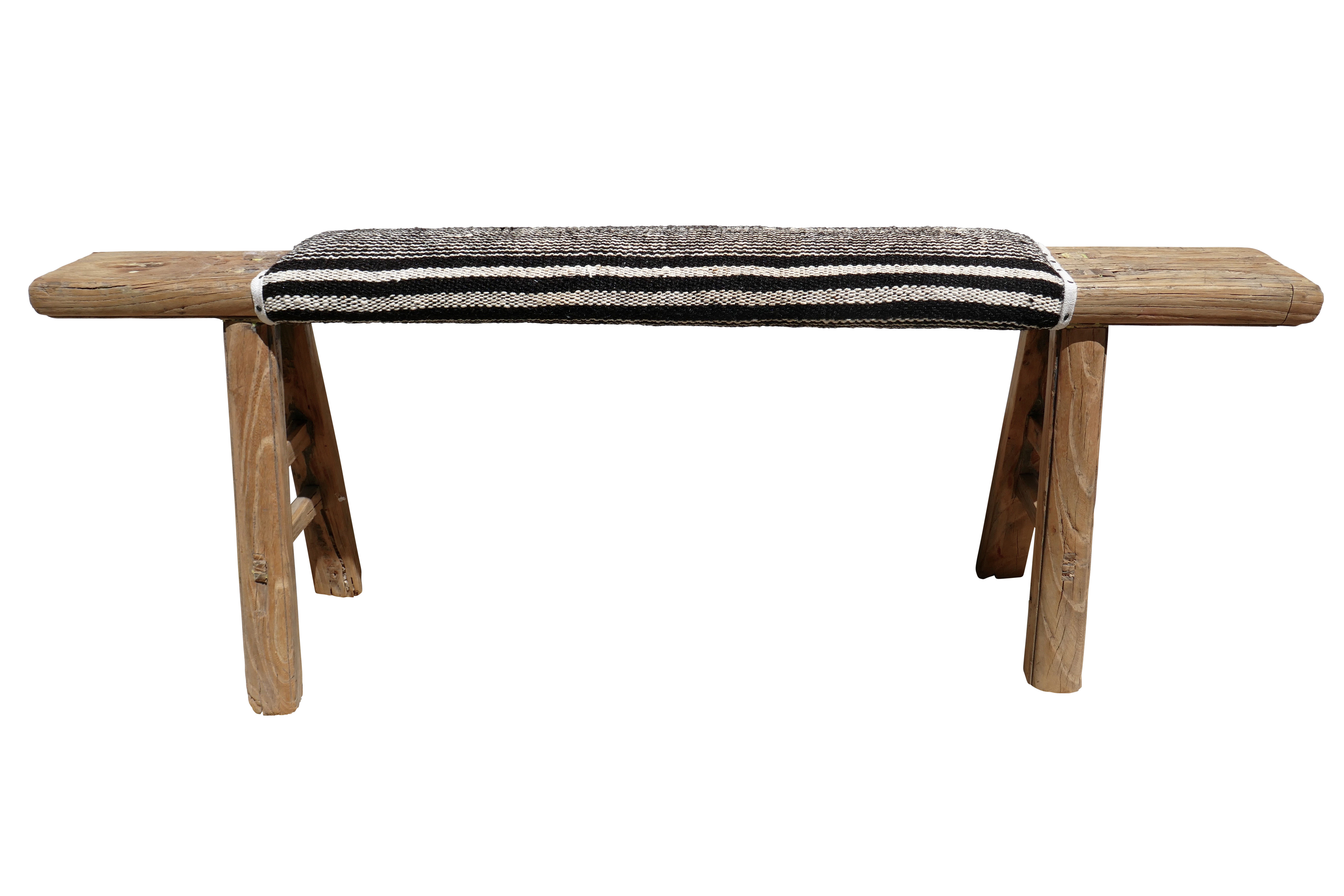 FI Vintage Asian Shandong Elm Bench w/Kilim