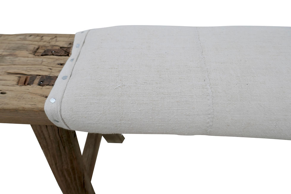 Thumbnail: Antique Asian Shandong Elm Bench w/Vintage French Natural Linen