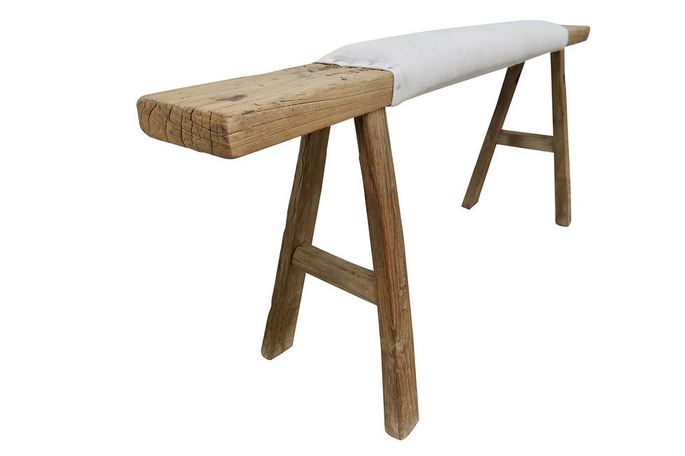 Thumbnail: Antique Asian Shandong Elm Bench w/Vintage French Natural Linen
