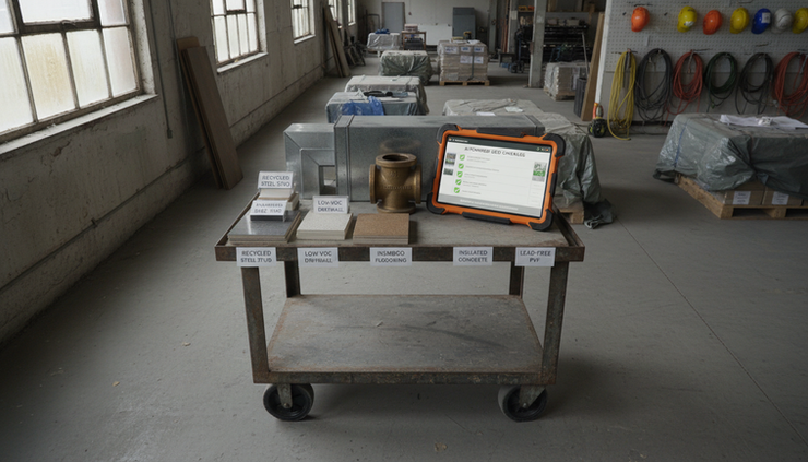 Overhead view of a construction material cart with labeled samples and a tablet showing an AI check log