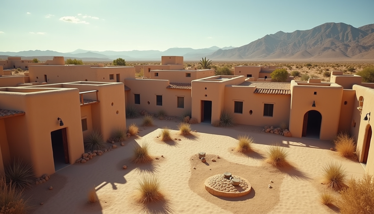 High angle view of a Nevada pueblo-style community with communal courtyard