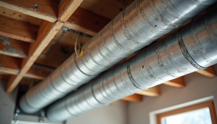 Eye-level view of residential HVAC ductwork installation in a ceiling space