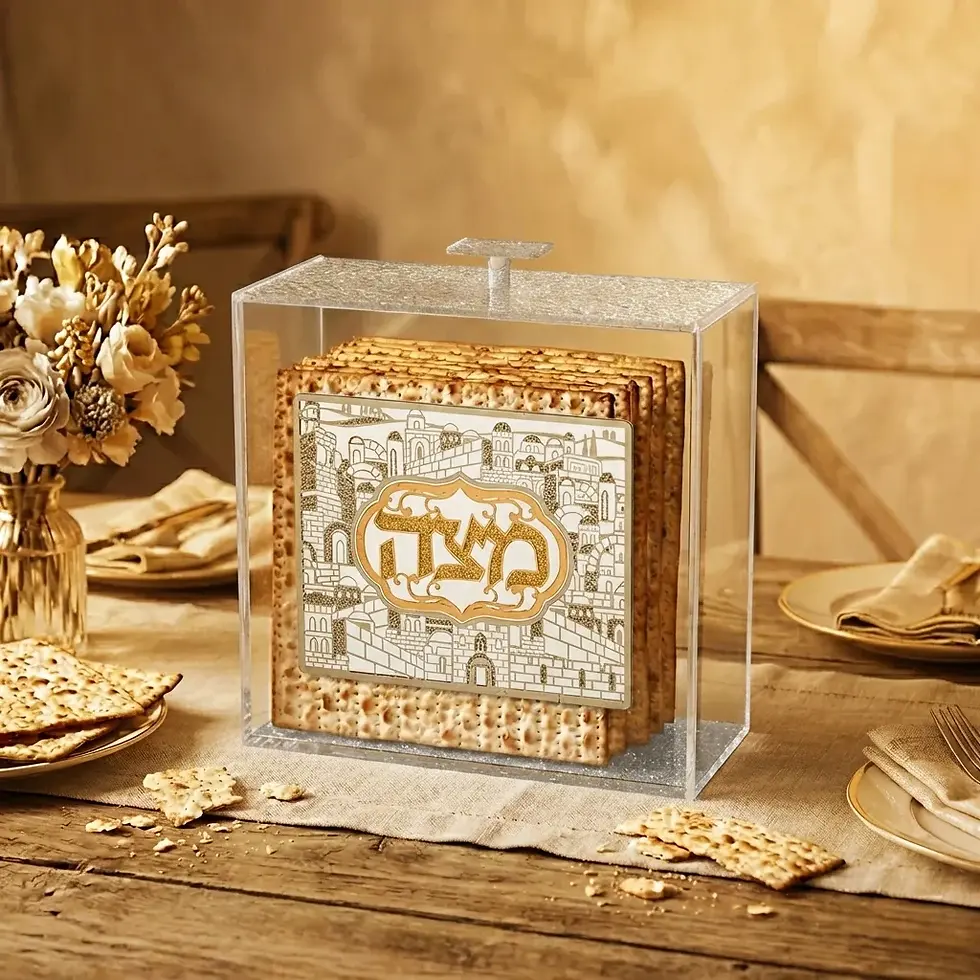 תמונה ממוזערת: כלי למצה מאקריליק שקוף עם נצנצים כסף ופלקטה ירושלים