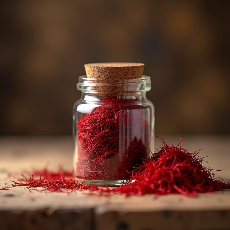 Rich red saffron threads intricately detailed inside a delicate glass vial against a dark background