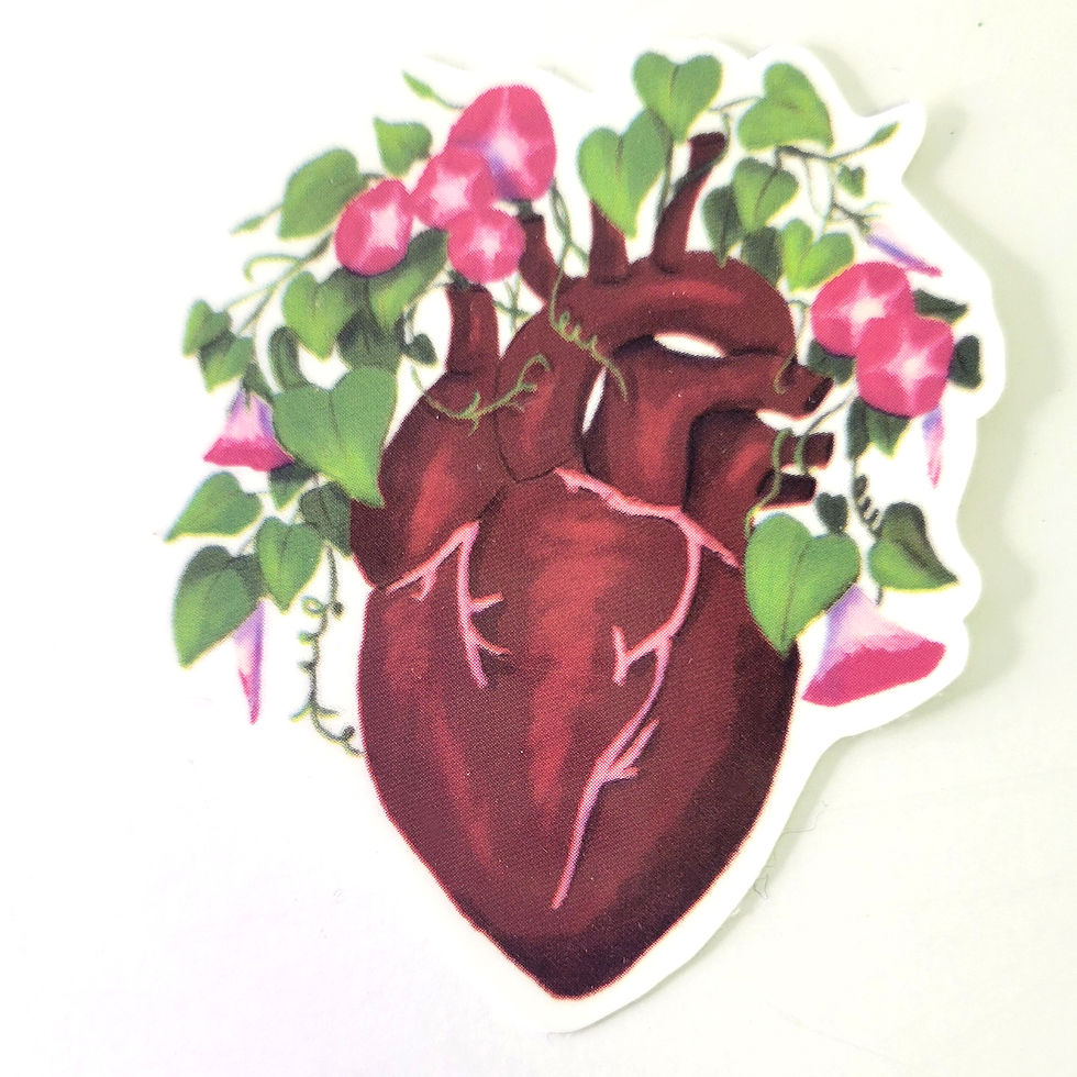Thumbnail: Anatomical Heart and Vining Morning Glories Die Cut Sticker with bright pink morning glories and dark red heart