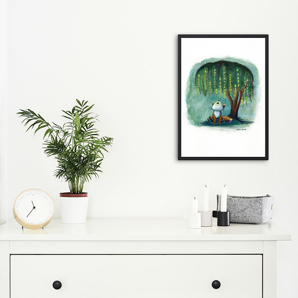 Thumbnail: Baby Fox Under a Weeping Willow Tree and Lights framed print shown on a wall with plant nearby