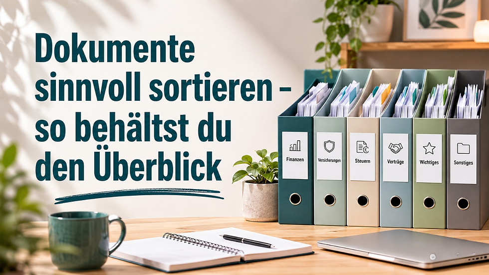 Ordner beschriftet mit Finanzen, Versicherungen, Steuern, Verträge, Wichtiges und Sonstiges stehen nebeneinander auf einem Schreibtisch – Dokumente sinnvoll sortieren mit einem klaren Ablagesystem