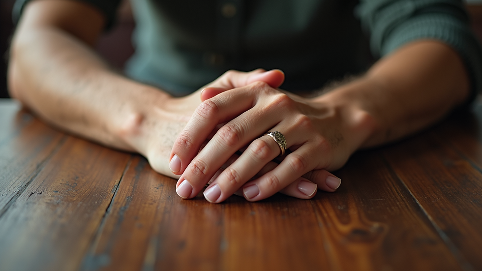 Plano detalle de manos entrelazadas sobre una mesa, simbolizando apoyo y reconciliación