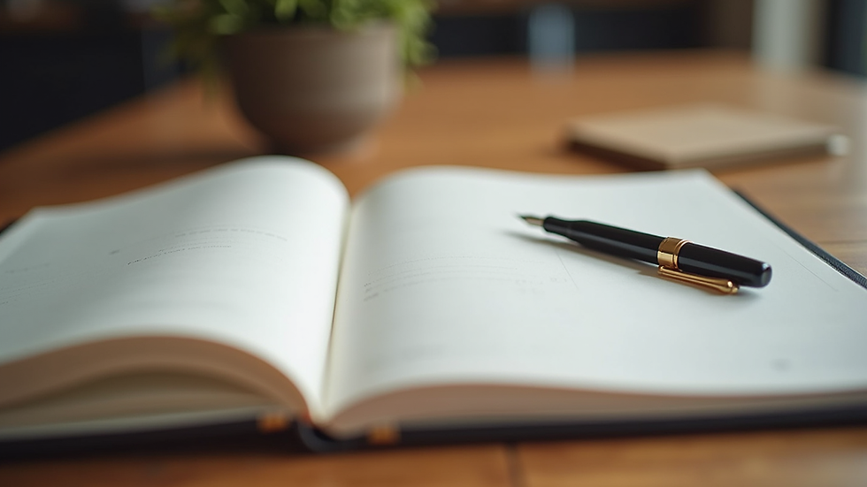 Plano detalle de una agenda abierta con notas y un bolígrafo sobre una mesa de madera