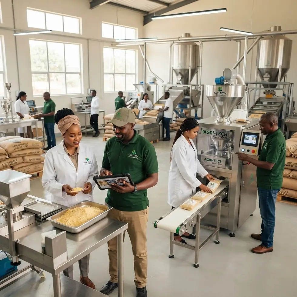 Commercial photography of people in a food processing facility, showing production and quality control in a clean, modern environment.