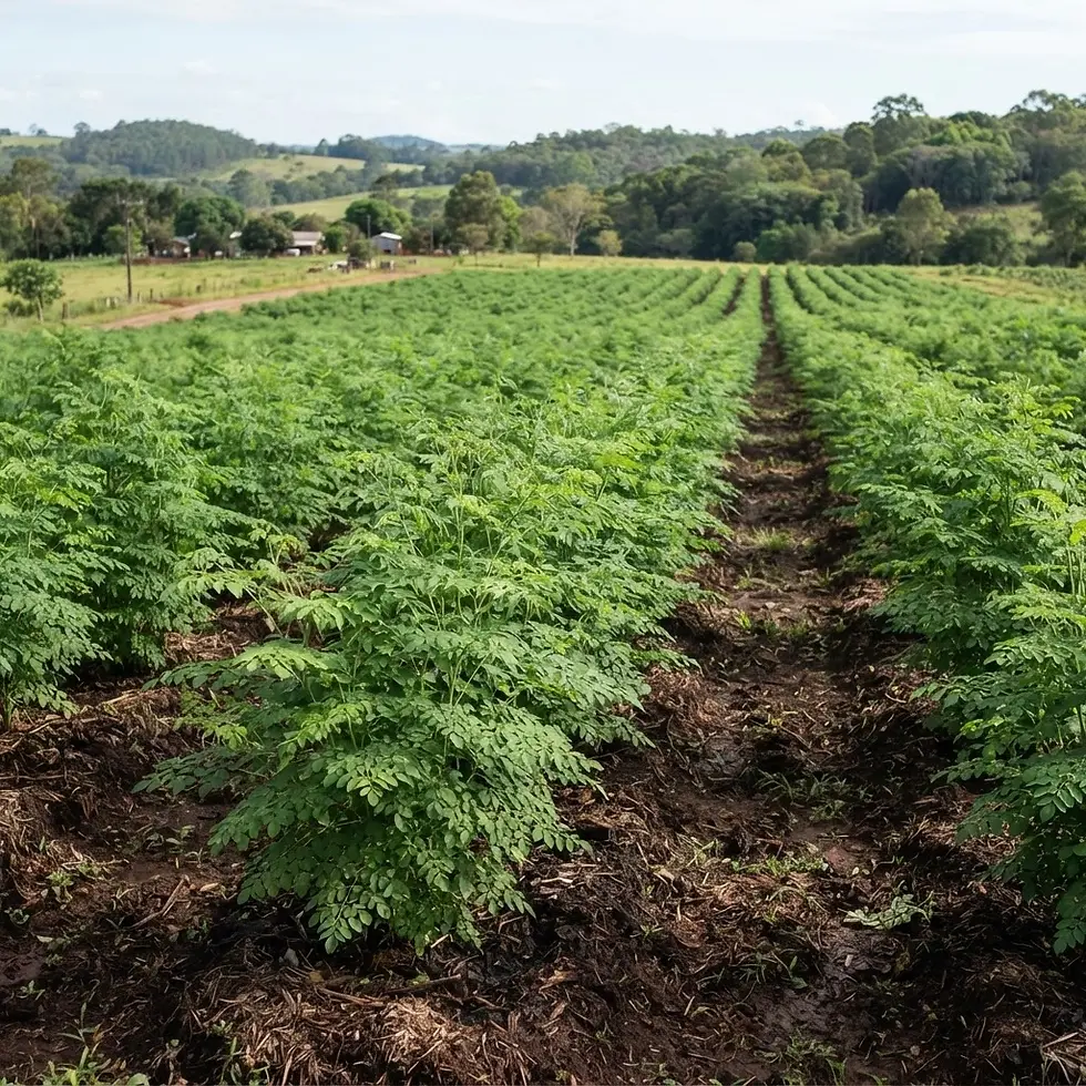 Outdoor nature photography of a lush green moringa field planted in rows under a clear sky. A serene and agricultural landscape with rolling hills in the background.