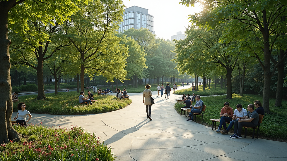 High angle view of a modern urban park with diverse people enjoying nature