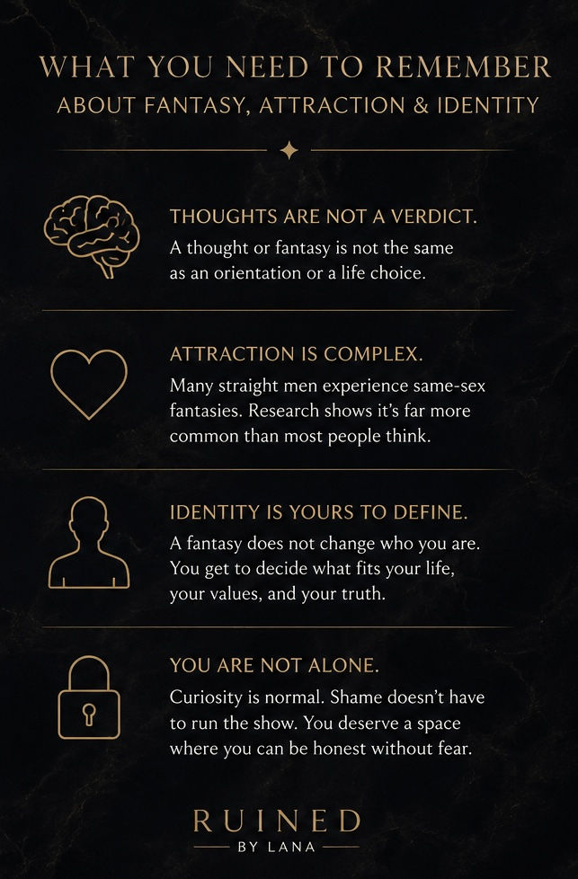 Infographic explaining fantasy, attraction, and identity, emphasizing that thoughts are not a verdict and that sexual curiosity is common.