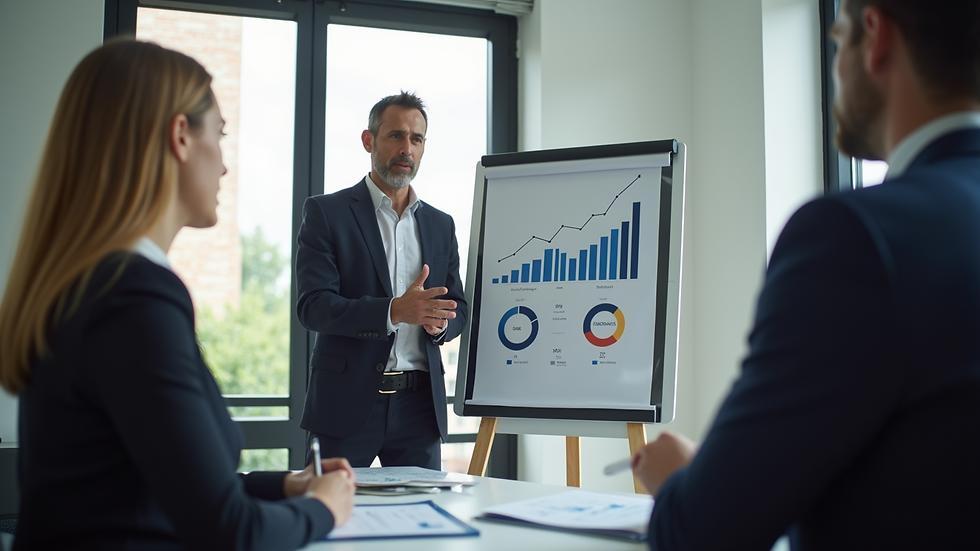 Eye-level view of a consultant presenting a strategy to a client