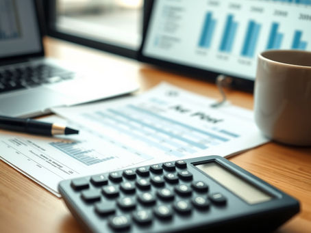 A clean desk scene with: a balance sheet or financial report in focus calculator/laptop/coffee cup soft natural lighting neutral or navy/gold tones shallow depth of field