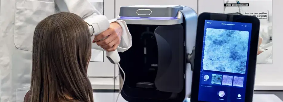 Dame ondergaat huidanalyse met Smart Skin Pro toestel van Celestetic