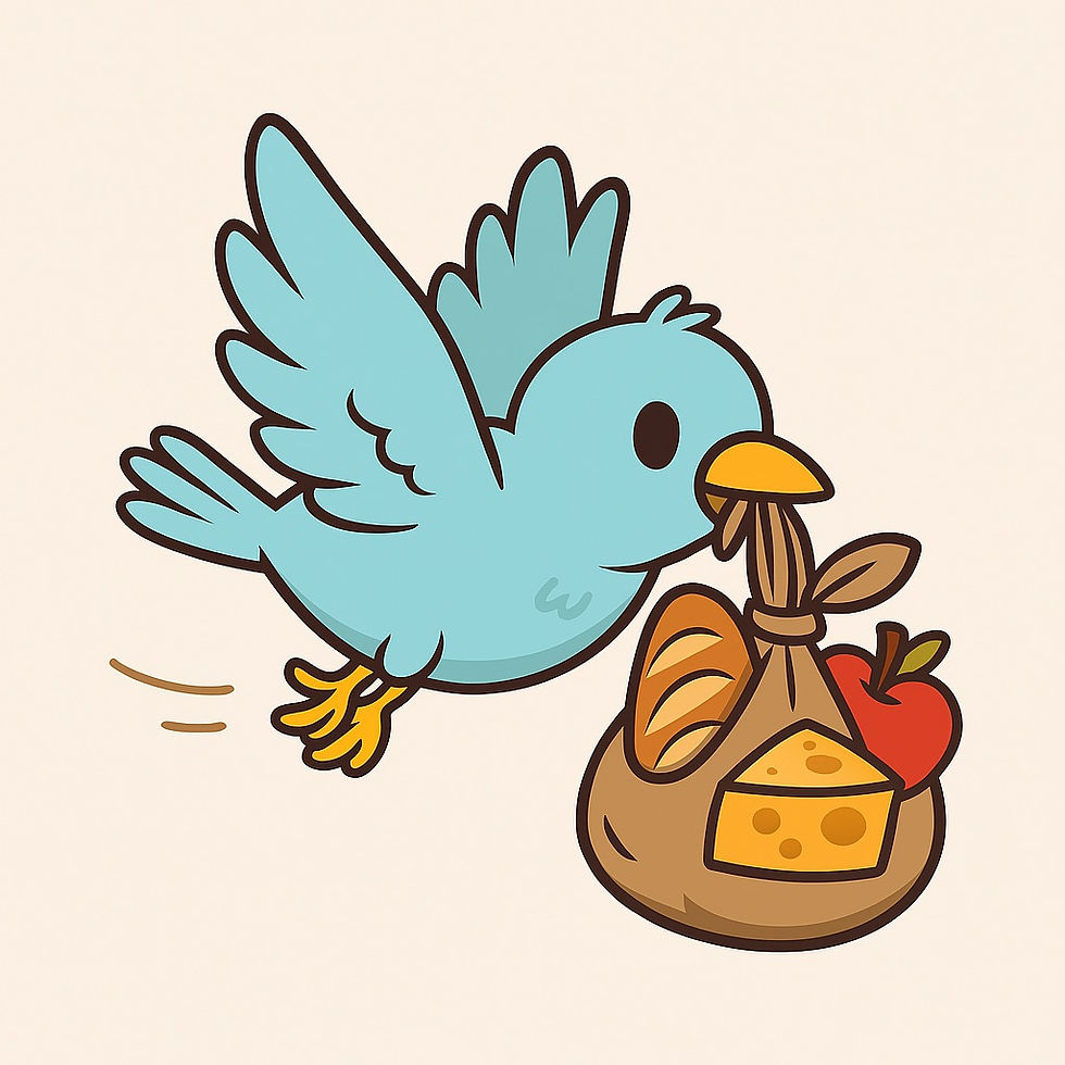 Cartoon blue bird flying with a sack in its beak, containing bread, cheese, and an apple. Simple beige background, playful mood.