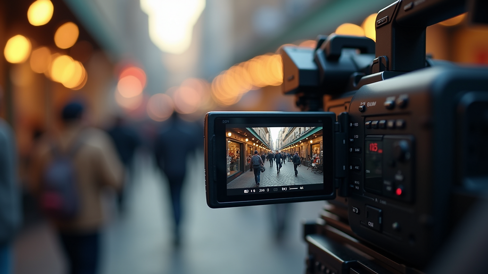 Close-up view of a video camera filming a social media content creator