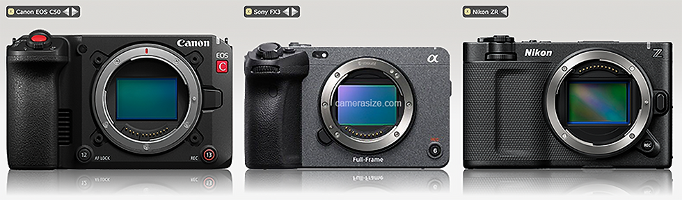 Three mirrorless cameras side by side: Canon EOS C50, Sony FX3, and Nikon ZR. Black bodies with visible sensors on a white background.