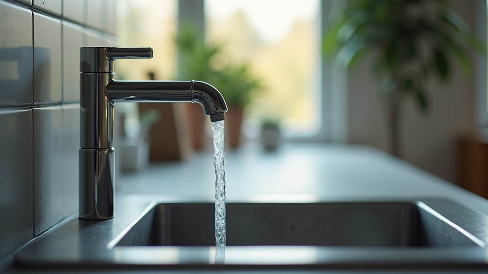 Close-up view of a kitchen sink faucet with running water