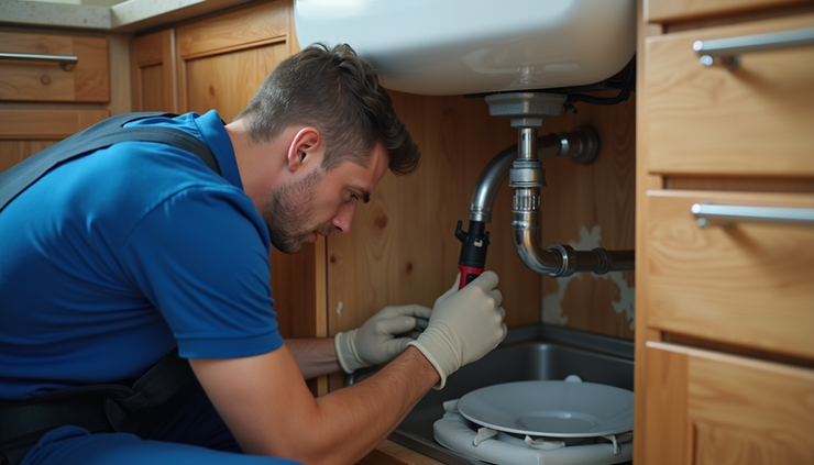 Eye-level view of a plumber inspecting a kitchen sink pipe