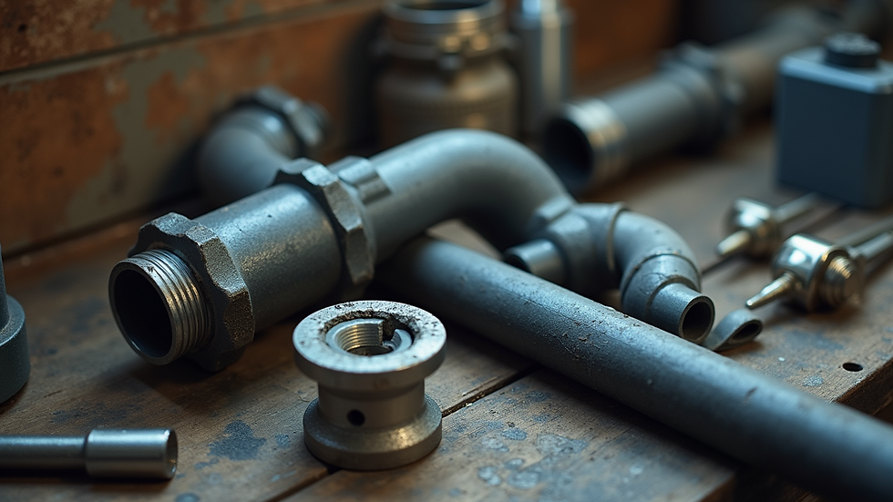 Close-up view of plumbing tools and pipe fittings on a workbench