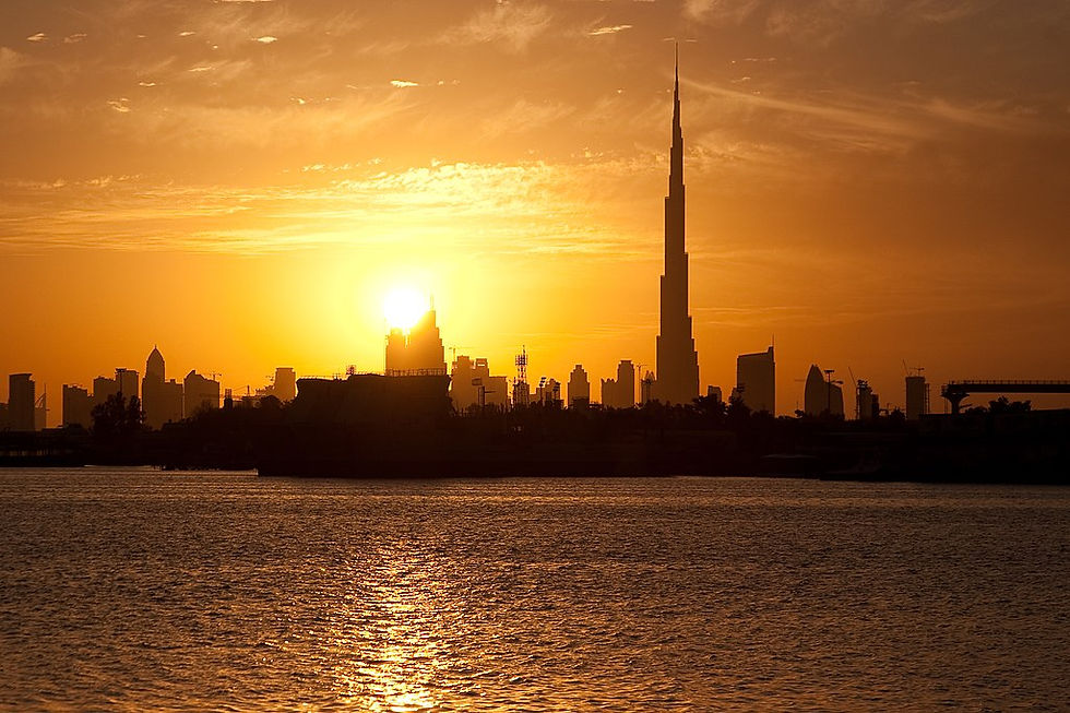 Dubai skyline at sunset, Burj Khalifa prominent