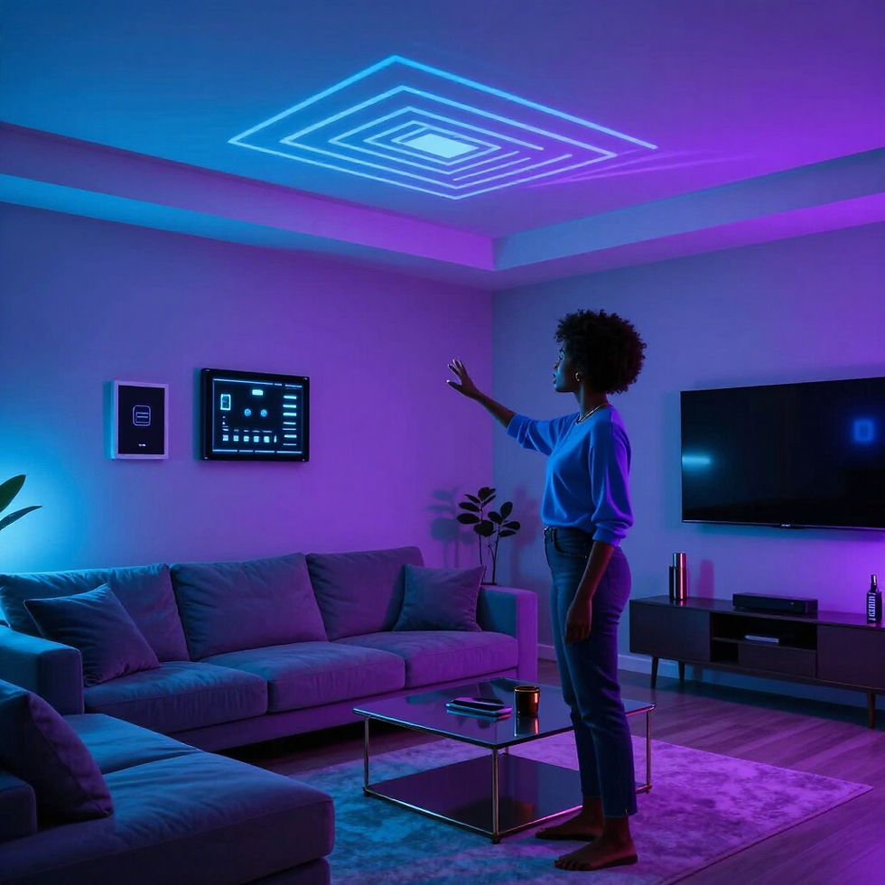 Mulher em sala inteligente com gadgets futuristas e produtos inovadores.