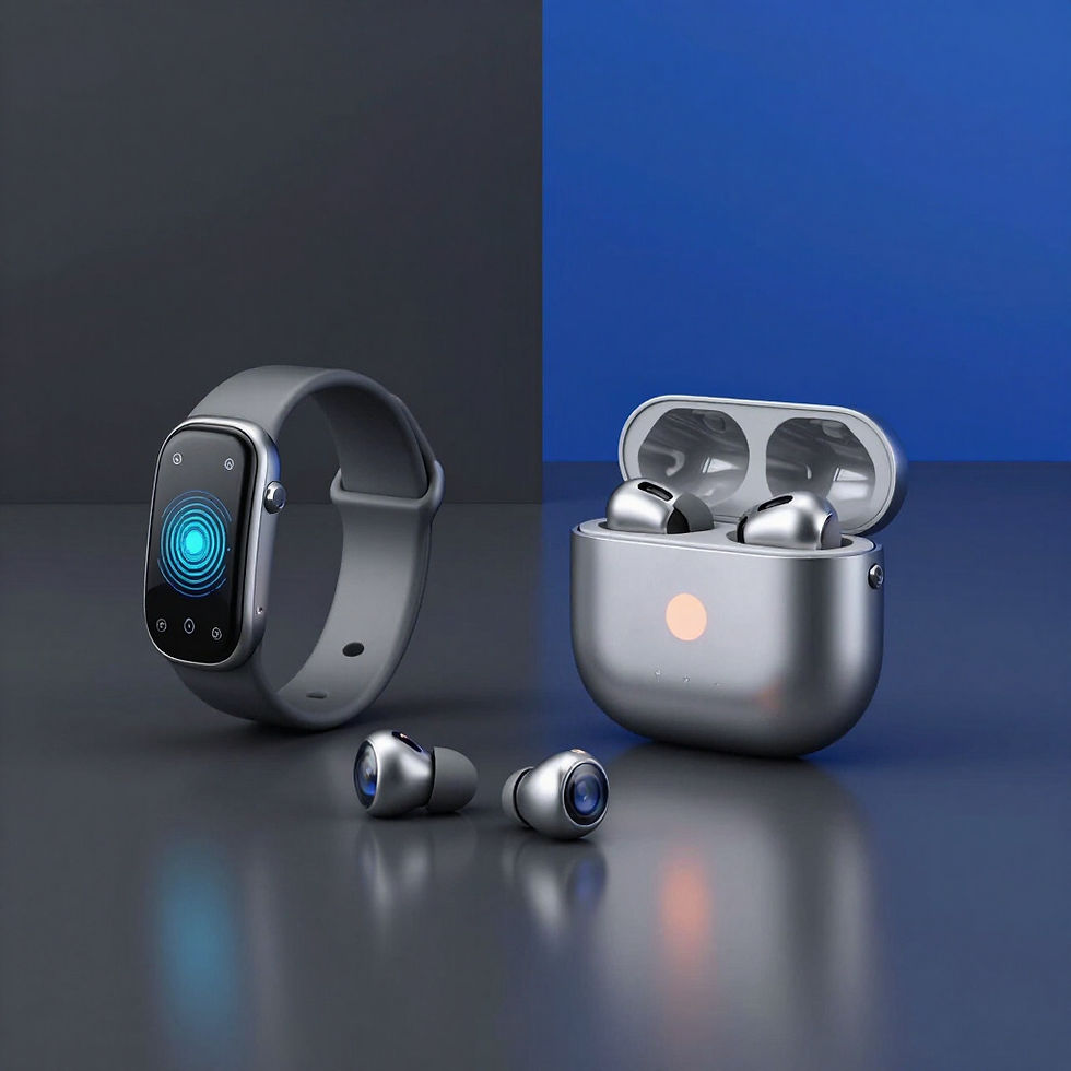 Smartwatch e fones de ouvido, exemplos de gadgets futuristas e produtos inovadores.